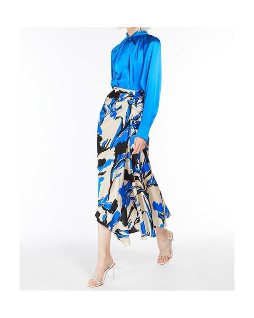 Max Mara Blue Floral-Print Asymmetric Skirt