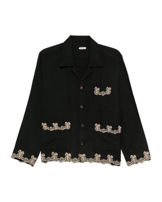 Bode Black Embroidered-Pocket Wool Overshirt for men