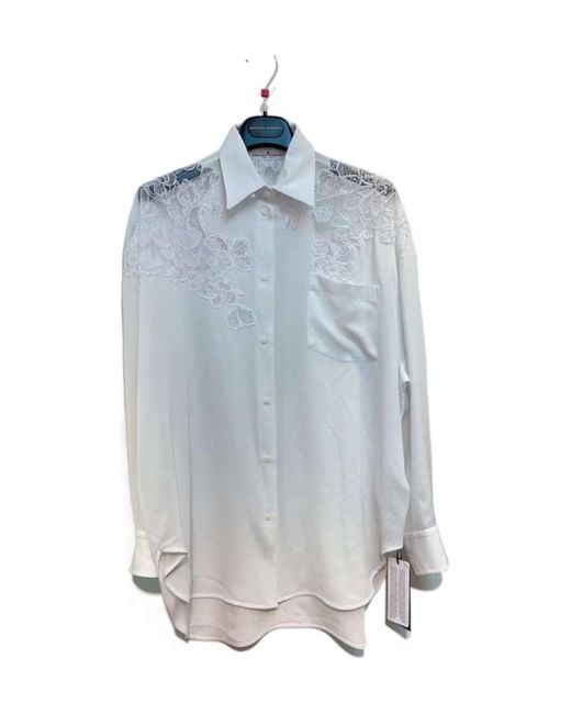 Ermanno Scervino Blue Floral-Lace Detail Silk Shirt