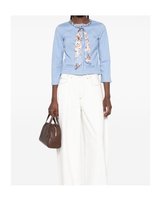 Liu Jo Blue Floral Chain Embellished Cropped Jacket