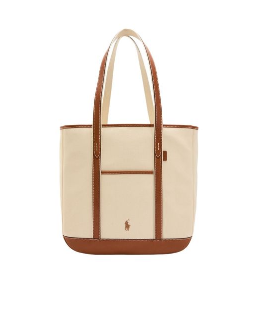Polo Ralph Lauren Natural Medium Leather-Trimmed Canvas Tote Bag