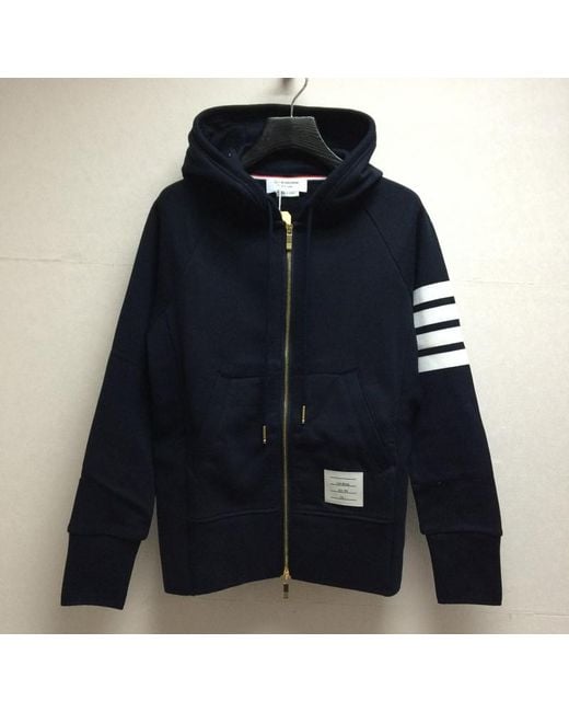 Thom Browne Blue Engineered 4-Bar Zip-Up Drawstring Hoodie for men
