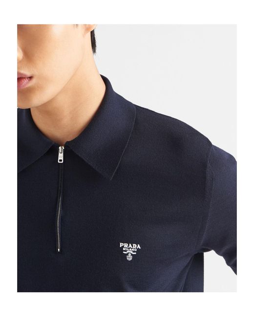 Prada Blue Knitted Polo Shirt for men