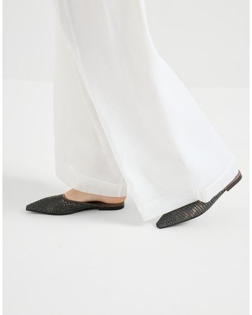 Brunello Cucinelli Brown Square Toe Net-Embroidery Mules