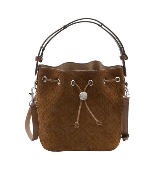 Tory Burch Brown T Monogram Top Handle Bucket Bag