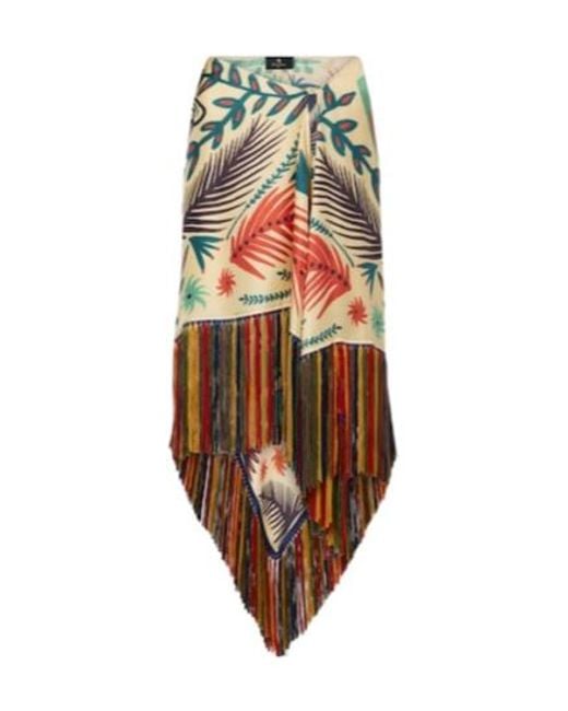 Etro Multicolor Fringed Printed Asymmetric Silk Midi Skirt