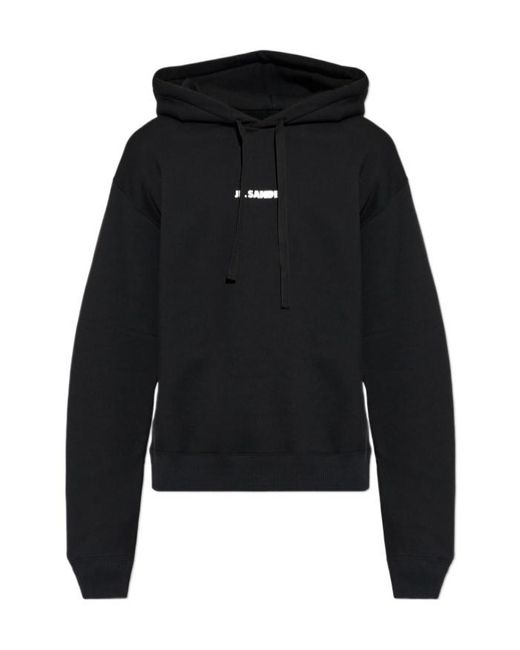 Jil Sander Black Logo Printed Drawstring Hoodie for men