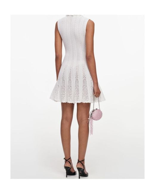Self-Portrait White Flower Trim Knit Mini Dress