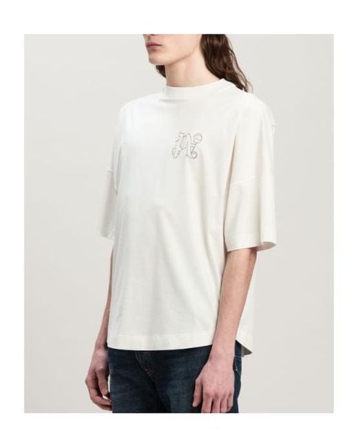 Palm Angels White Pa Monogram Embroidered Crewneck T-Shirt for men