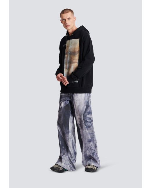 Balmain Black Graphic Printed Drawstring Hoodie for men