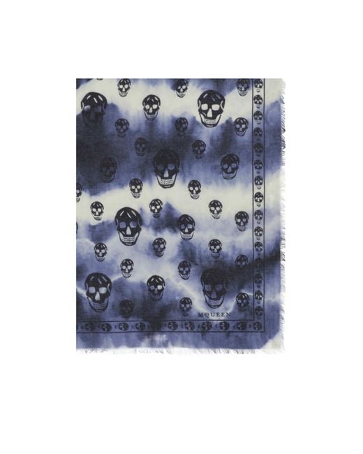 McQueen Blue Tie-Dye Skull Fringed Scarf for men