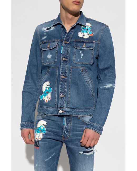 DSquared² Blue The Smurfs Distressed-Effect Denim Jacket for men