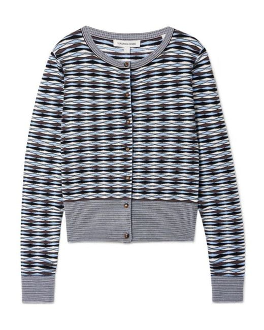 Veronica Beard Blue Cambria Cropped Jacquard-Knit Cardigan