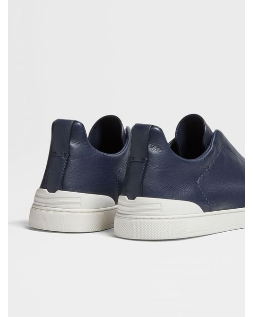 Zegna Blue Triple Stitch Leather Sneakers for men