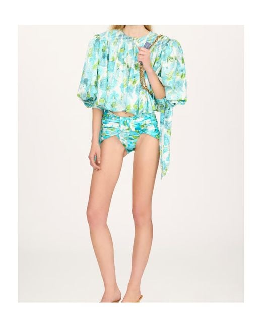 Chloé Blue Chloé Smocked Floral Tie-Sleeve Top