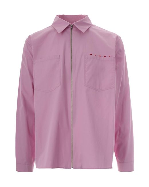 Marni Pink Logo Printed Long-Sleeved Zipped Shirt for men