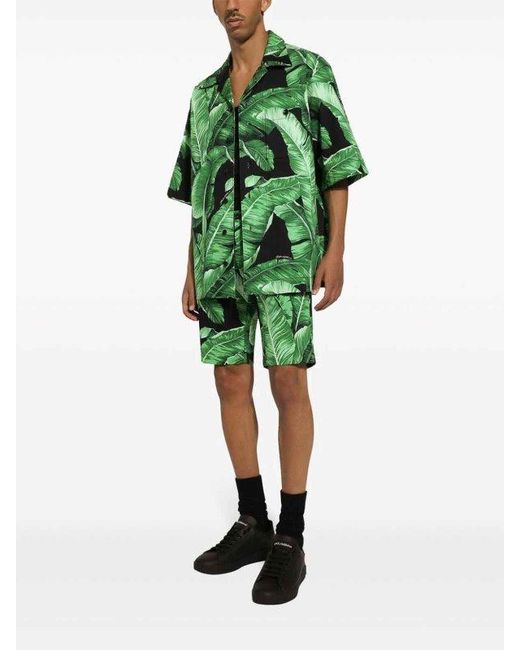 Dolce & Gabbana Green Leaf-Print Silk Shirt for men
