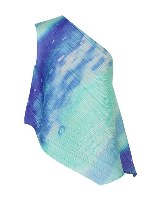 Pleats Please Issey Miyake Blue Pleated One-Shoulder Top