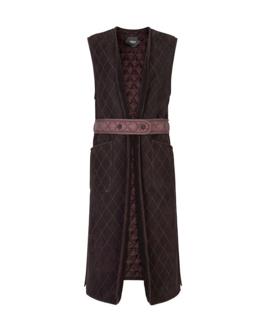 Fendi Brown Belted Waist Quilted Long Padded Vest