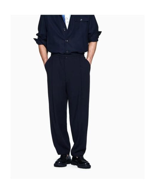 Giorgio Armani Blue Elastic-Waist Pleated Pants for men