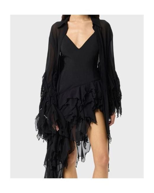 Blumarine Black Sheer Ruffled Tie-Front Top