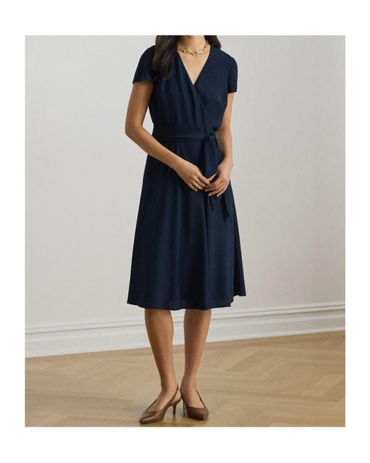 Ralph Lauren Blue Georgette Surplice V-Neck Short Sleeve Belted Midi Dress