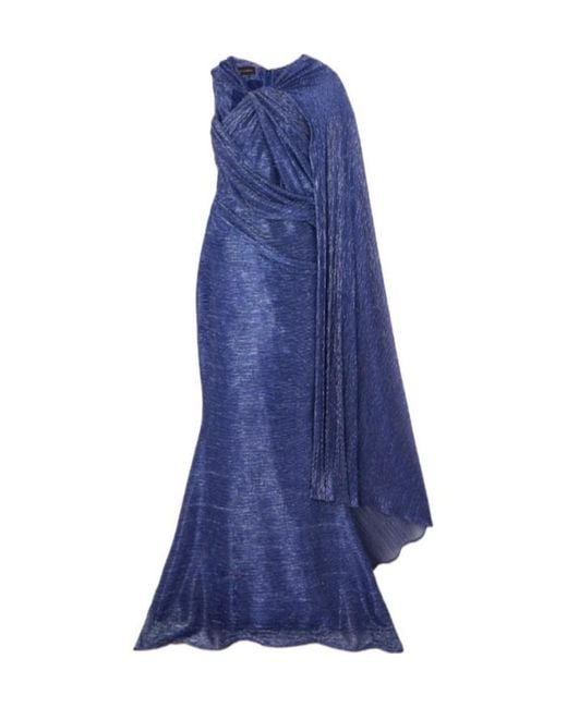 Talbot Runhof Blue Asymmetrical Cape Effect Dress