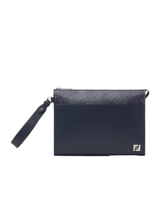 Fendi Blue Logo Plaque Zipped Clutch Bag for men