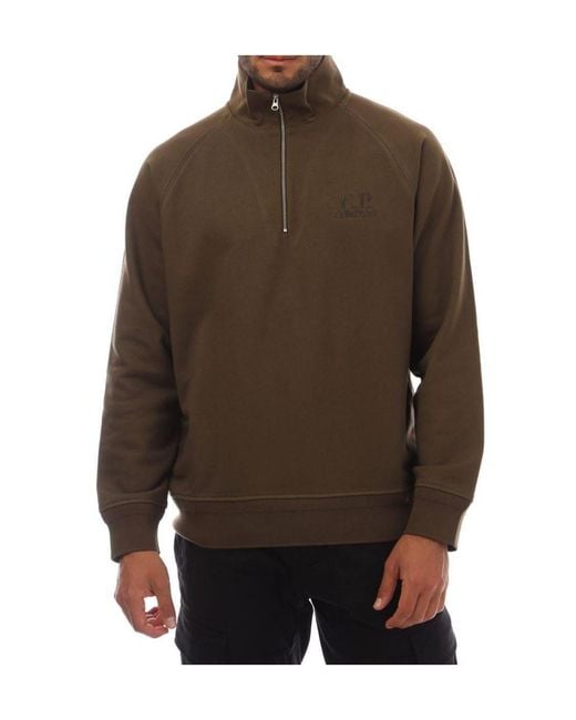 C P Company Brown Diagonal Raised Fleece Half-Zip Logo Sweatshirt for men