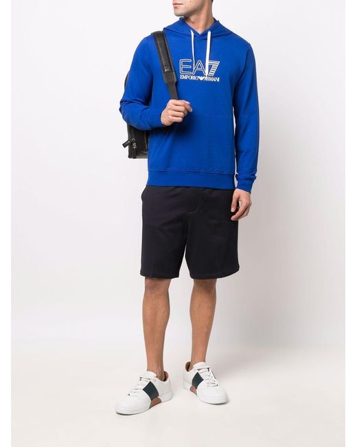 EA7 Blue Logo-Print Rib-Trimmed Hoodie for men