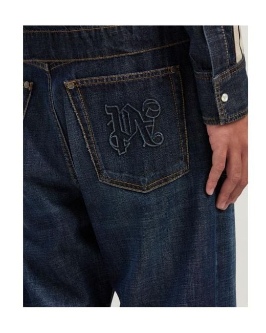 Palm Angels Blue Monogram-Embroidered High Waist Jeans for men