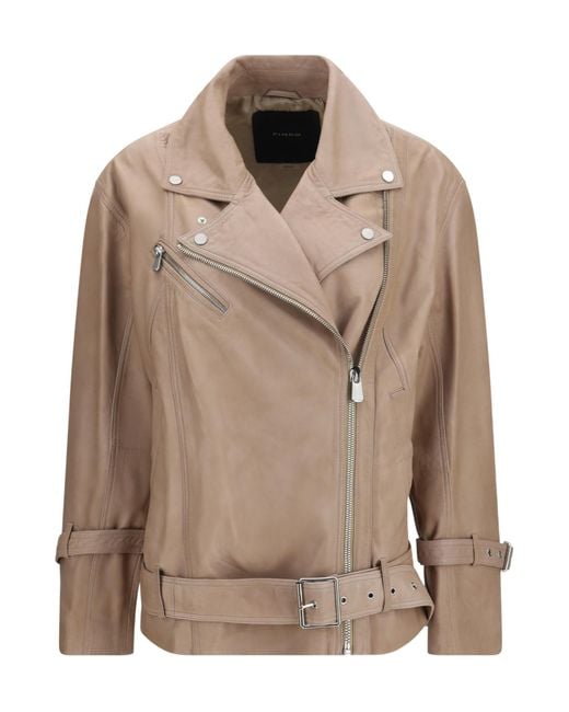 Pinko Brown Belted Leather Biker Jacket