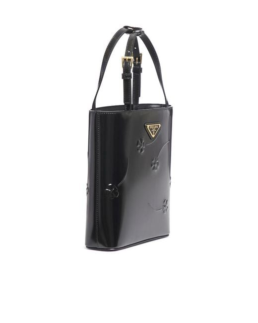 Prada Black Logo-Triangle Floral-Embossed Tote Bag