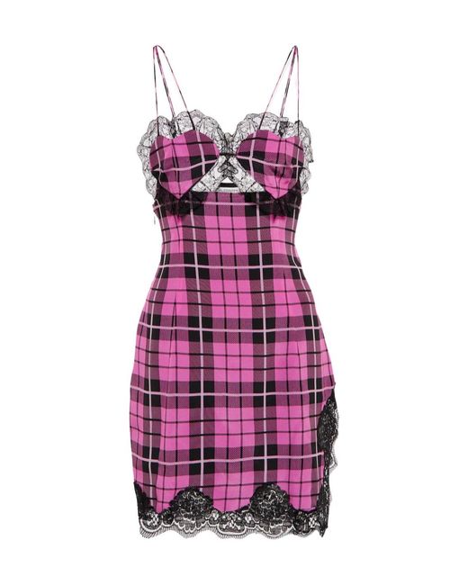 Alessandra Rich Purple Lace-Trimmed Checked Silk Minidress