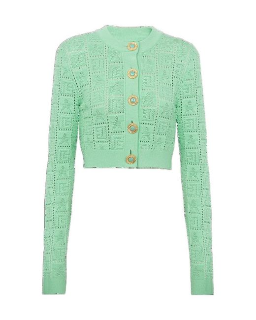 Balmain Green Buttonned Monogram Mesh Knit Cardigan