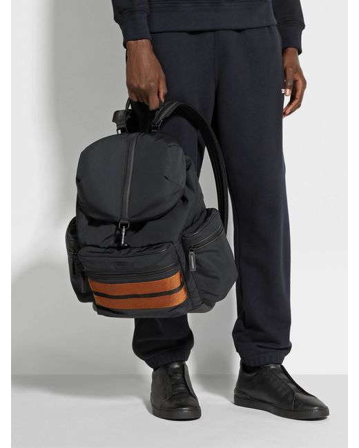 Zegna Black Logo Printed Stripe-Trim Backpack for men