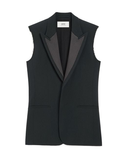 AMI Black Smocking Notched-Collar Gilet