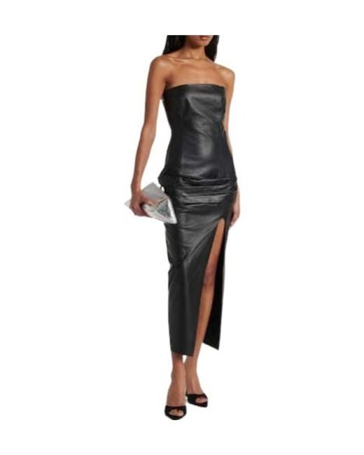 The Attico Black Draped Strapless Leather Midi Dress