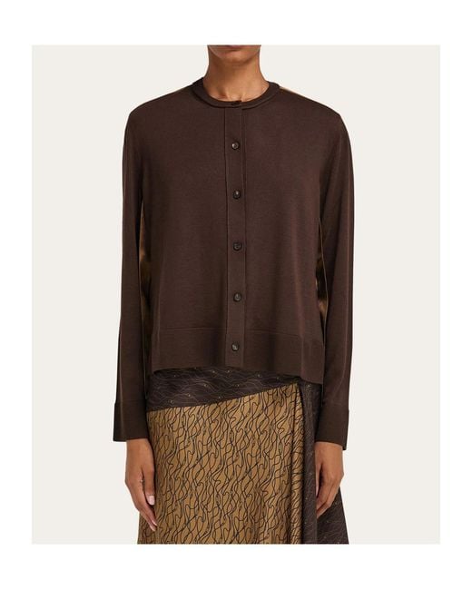 Ferragamo Brown Cardigan With Silk Panel Detail