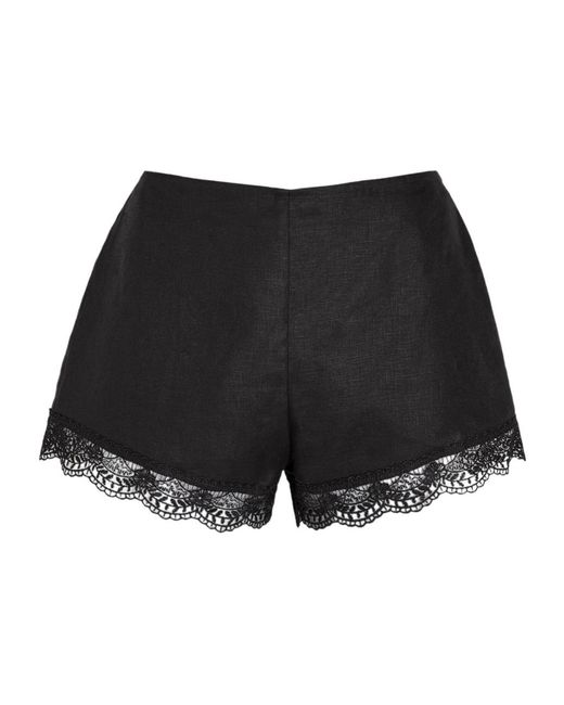 Staud Black Lace-Trim Linen Shorts
