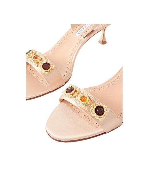 Manolo Blahnik Natural Embellished Satin Slingback Sandals