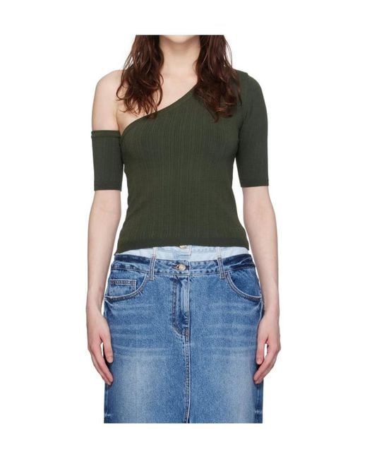 Juun.J Green Ribbed-Knit One-Shoulder Top