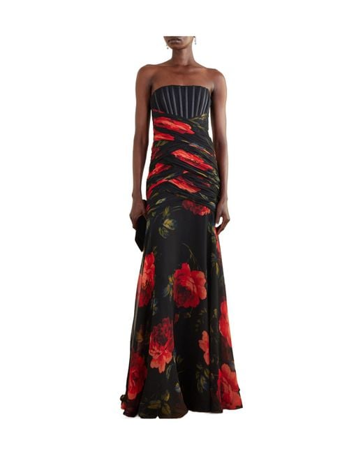Carolina Herrera Red Strapless Ruched Floral-Printed Silk-Chiffon Gown