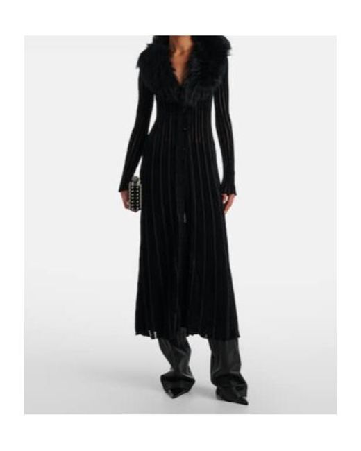 Blumarine Black Shearling-Trimmed Striped Maxi Dress