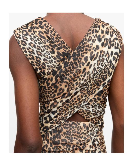 Ganni Natural Leopard Ruched V-Neck Dress