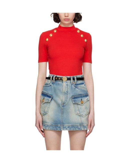 Balmain Red Signature Coin-Buttons T-Shirt