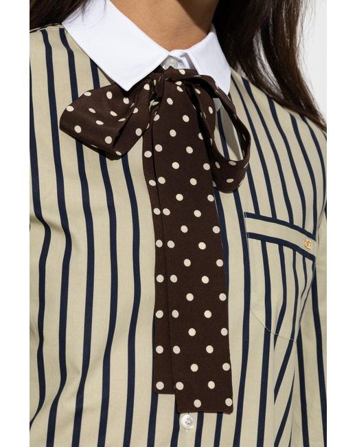 Valentino White Pussy-Bow Striped Shirt