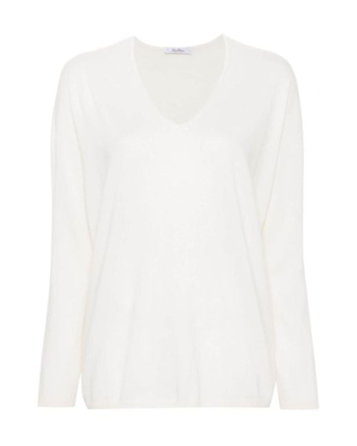Max Mara White Freccia V-Neck Long-Sleeved Jumper