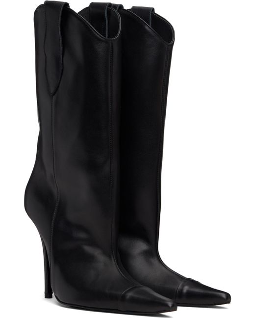 Pushbutton Black Pointed-Toe Leather Boots