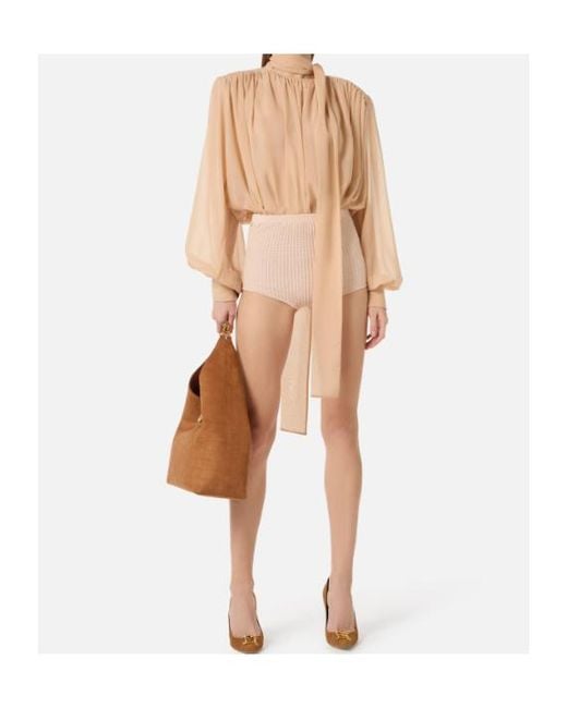 Elisabetta Franchi White Silk Georgette Sash-Detail Bodysuit